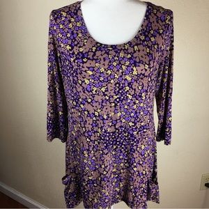 LOGO Purple Yellow Floral 3/4 Sleeve Jersey Knit Tunic Size S